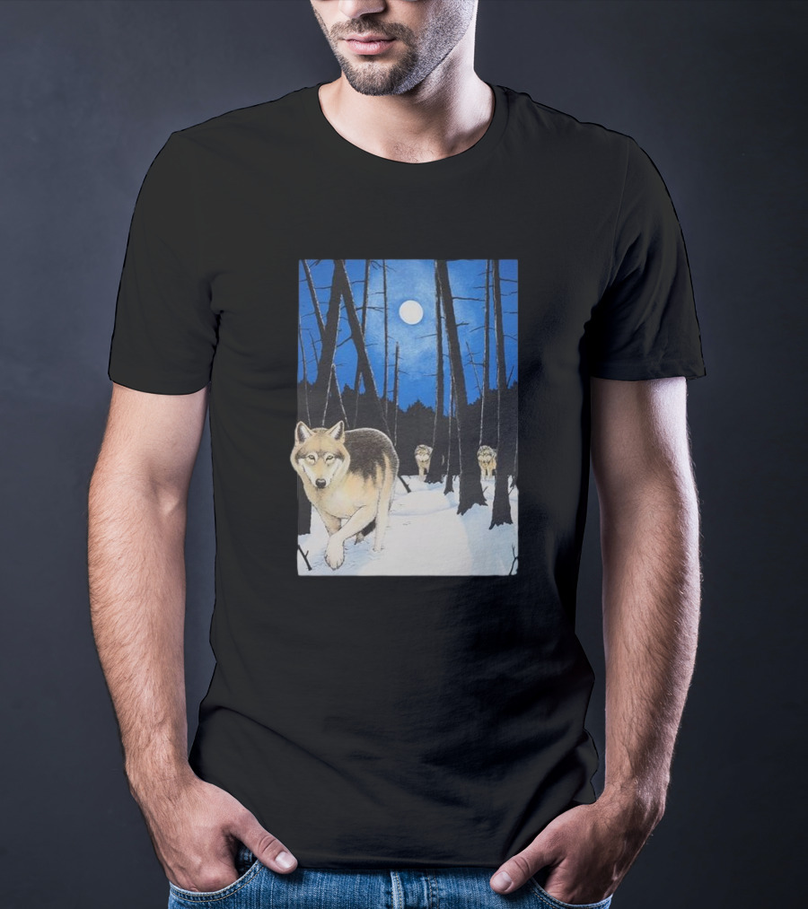 Snow 1995 Wild Earth Wolf Vintage Full Moon Forest Scene T-Shirt