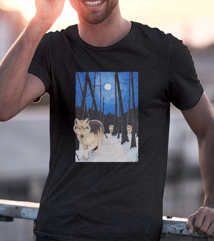 Snow 1995 Wild Earth Wolf Vintage Full Moon Forest Scene T-Shirt