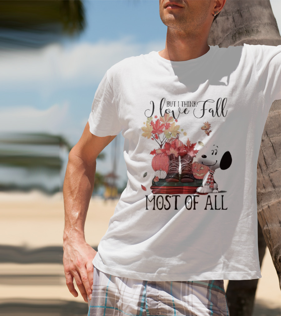 I Love Fall Most Of All Snoopy Dog With Boots Pumpkins And Leaves T-Shirt
