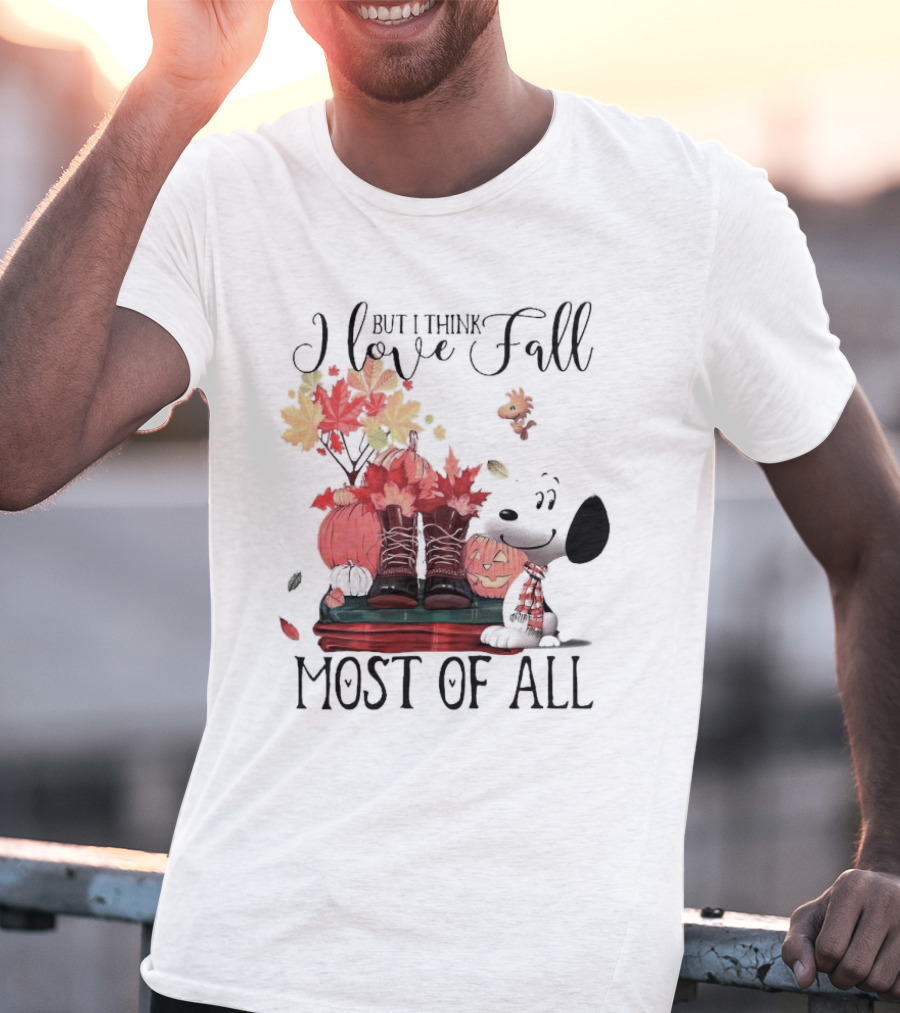 I Love Fall Most Of All Snoopy Dog With Boots Pumpkins And Leaves T-Shirt