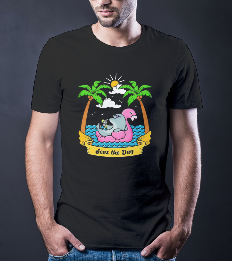 Seas The Day Relaxed Fit Palm Trees Flamingo Float Sunshine Clouds Ocean Waves T-Shirt