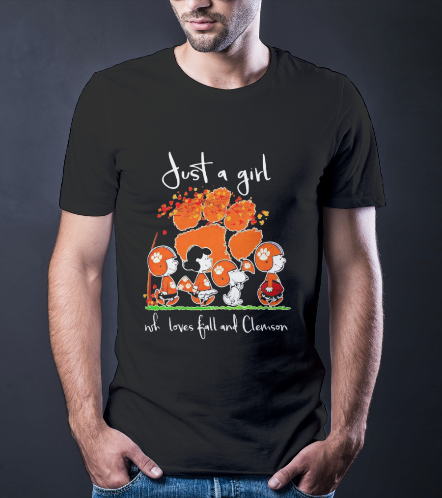 Just A Girl Who Loves Fall And Clemson Peanuts Characters T-Shirt
