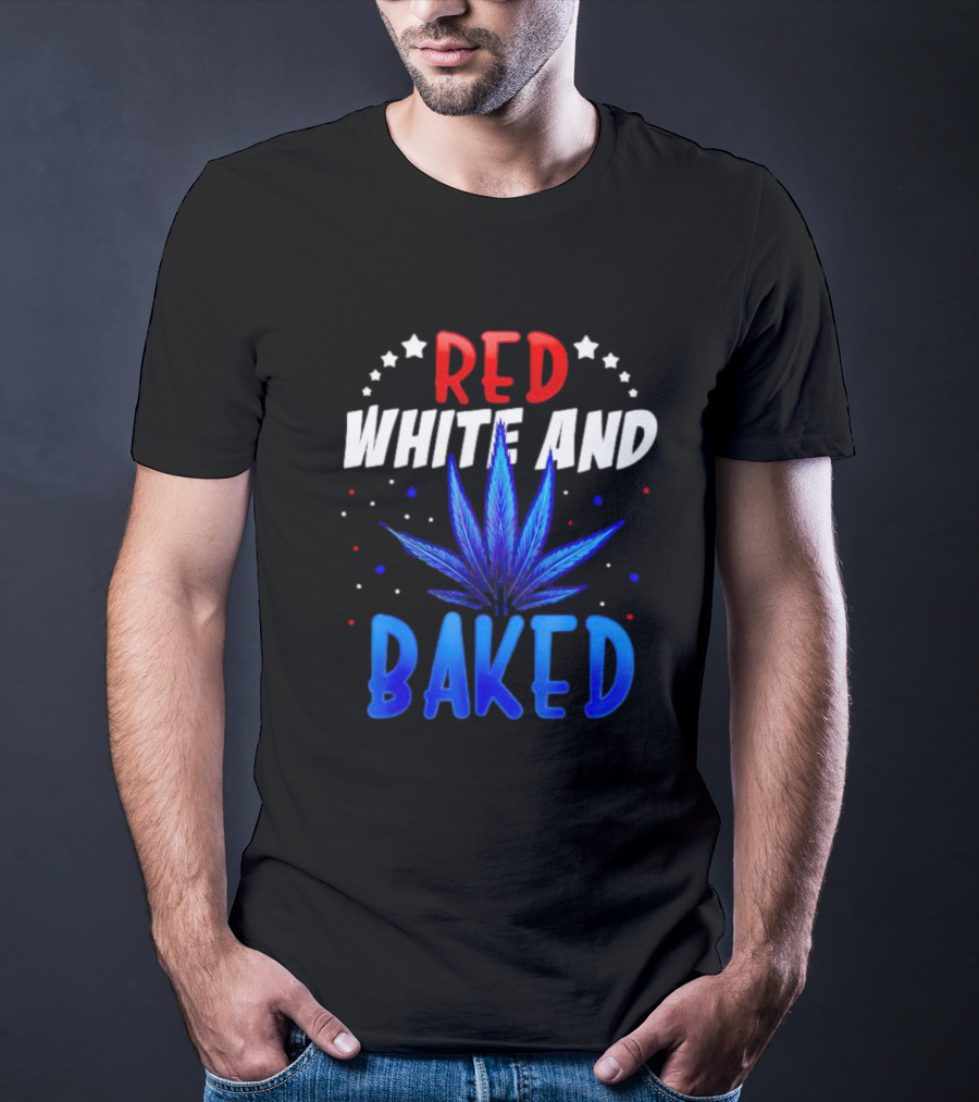Red White And Baked Weed Leaf With Stars And Dots T-Shirt