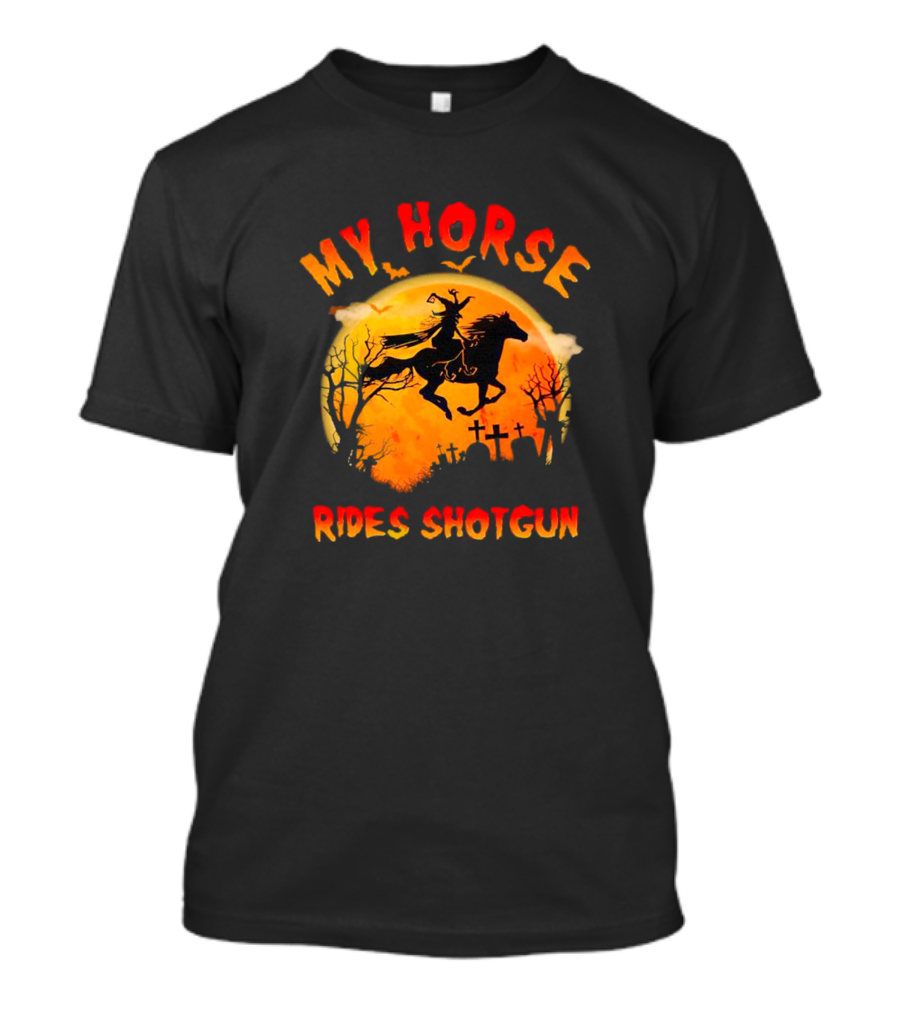 My Horse Rides Shotgun Halloween Witch Graveyard Scene T-Shirt