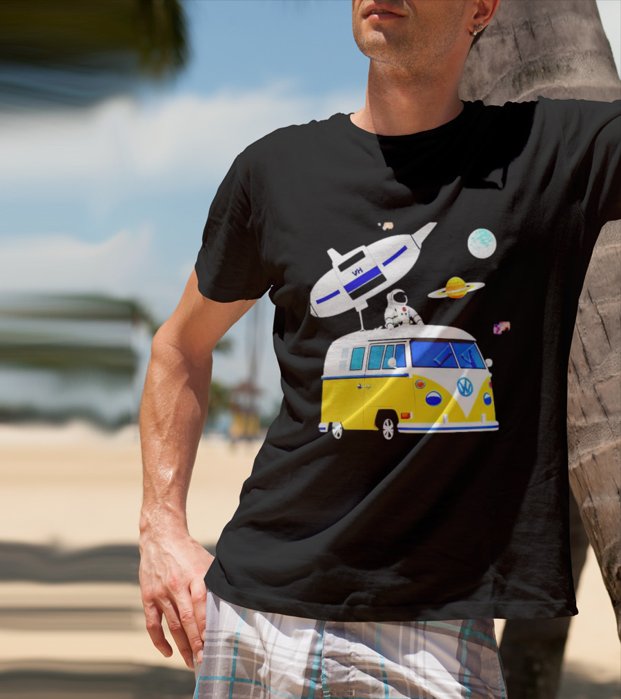 Astronaut Riding Yellow Volkswagen Bus With Rocket And Saturn Planet Background T-Shirt