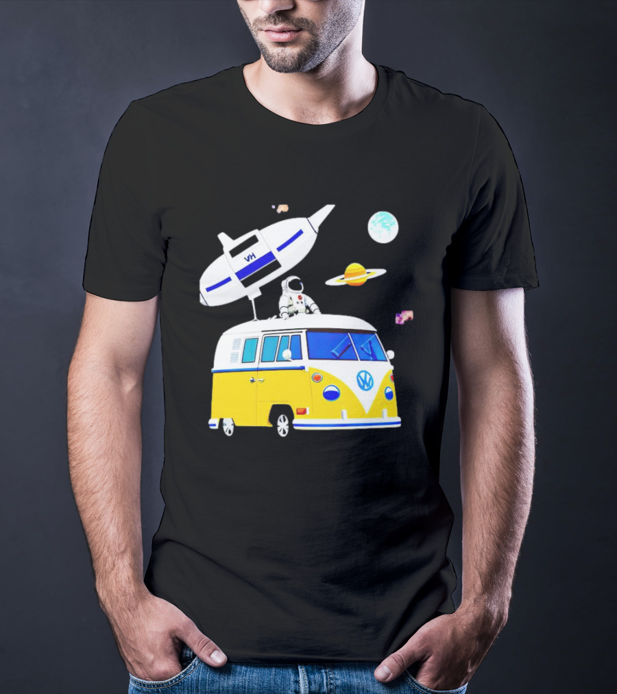 Astronaut Riding Yellow Volkswagen Bus With Rocket And Saturn Planet Background T-Shirt