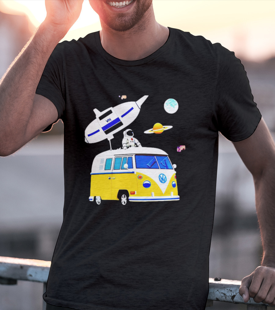Astronaut Riding Yellow Volkswagen Bus With Rocket And Saturn Planet Background T-Shirt