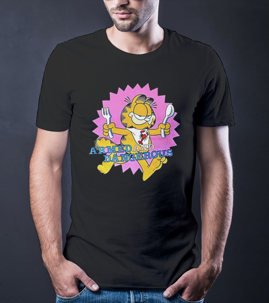 Armed And Dangerous Garfield With Fork And Spoon On Pink Starbursts T-Shirt
