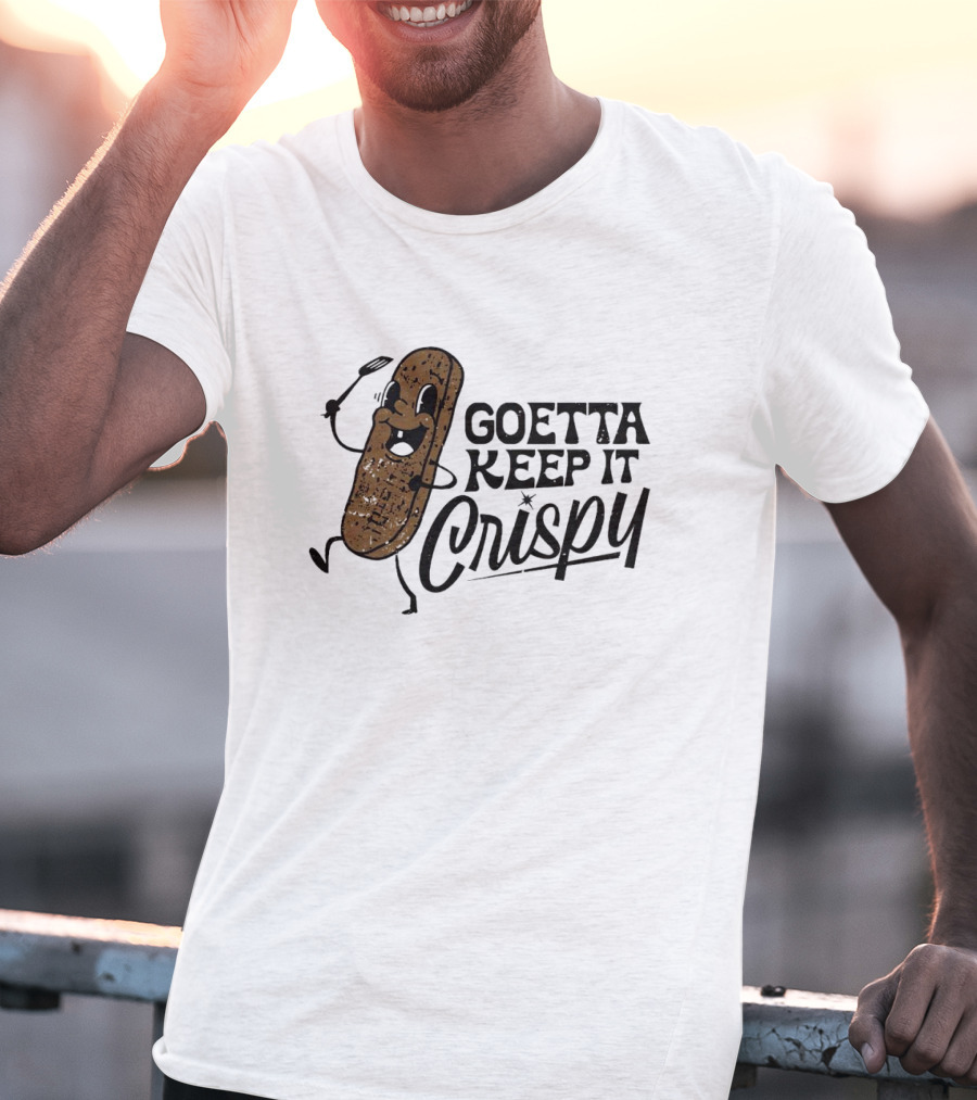 Goetta Keep It Crispy Smiling Fried Stick Character With Fork Enthusiastically Walking T-Shirt