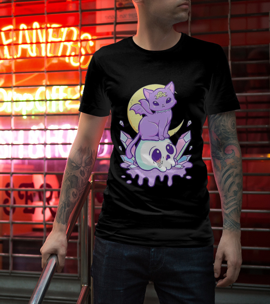 Witchy Cat With Moon And Skull Crystals T-Shirt
