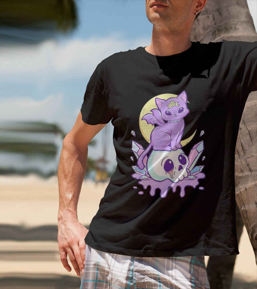 Witchy Cat With Moon And Skull Crystals T-Shirt