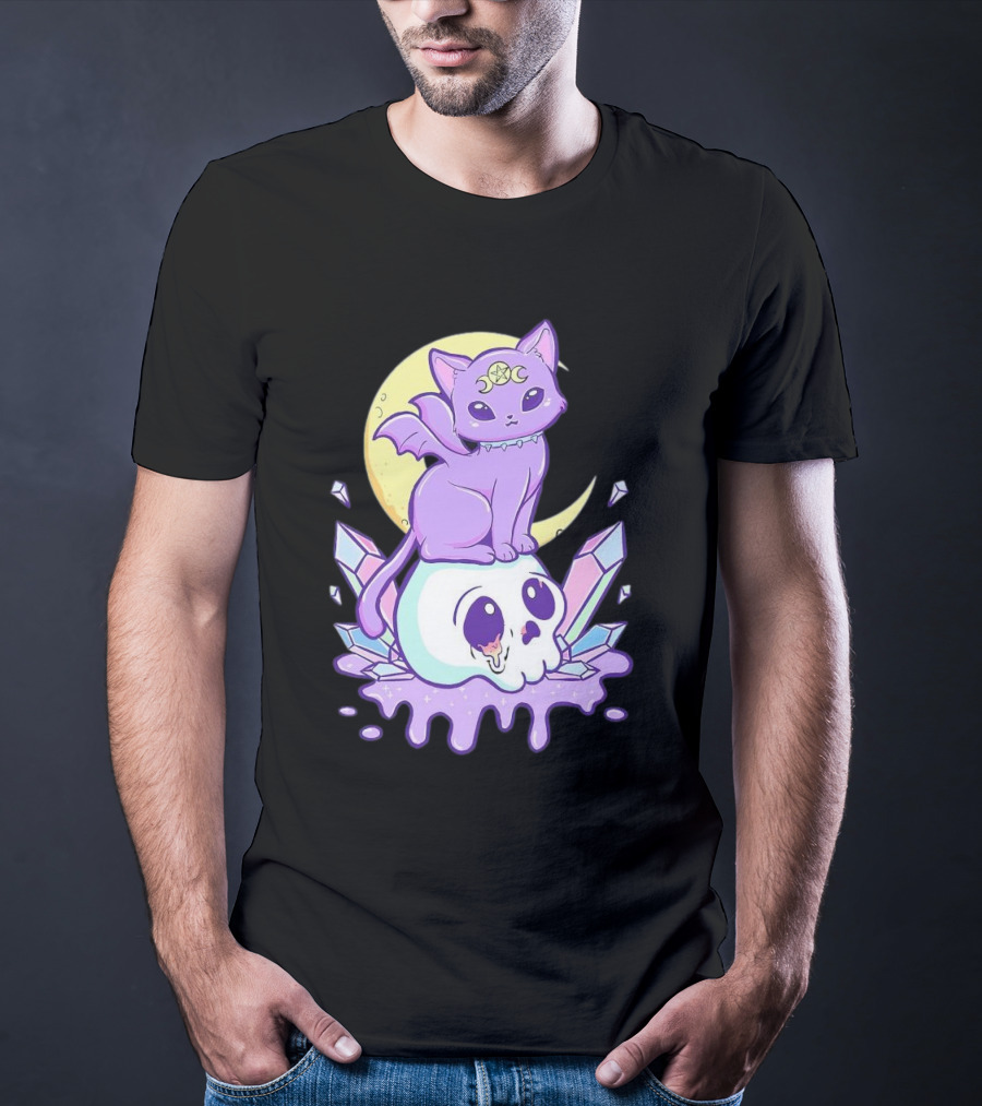 Witchy Cat With Moon And Skull Crystals T-Shirt