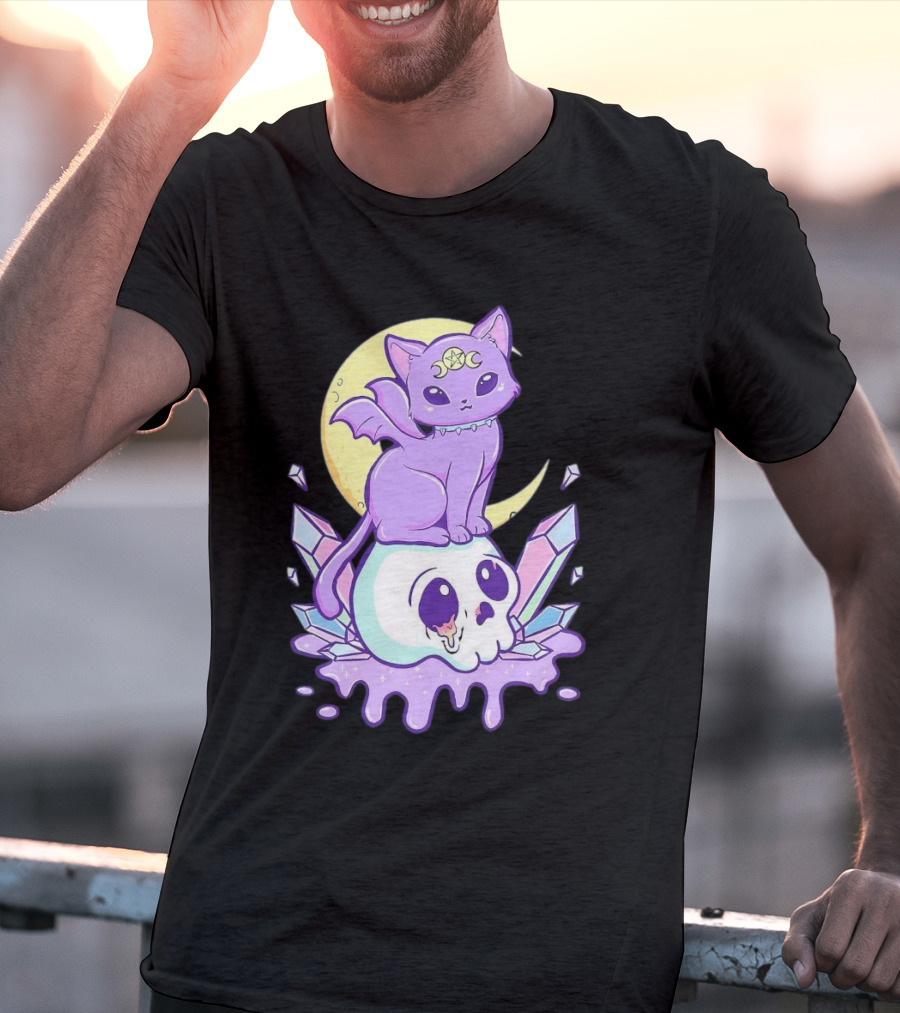 Witchy Cat With Moon And Skull Crystals T-Shirt