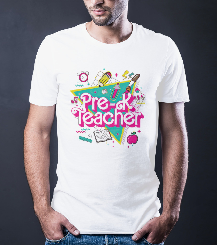 Pre-K Teacher Neon Art Supplies And Icons T-Shirt
