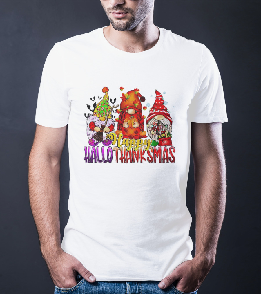 Happy Hallothanksmas Gnomes Halloween Thanksgiving Christmas T-Shirt