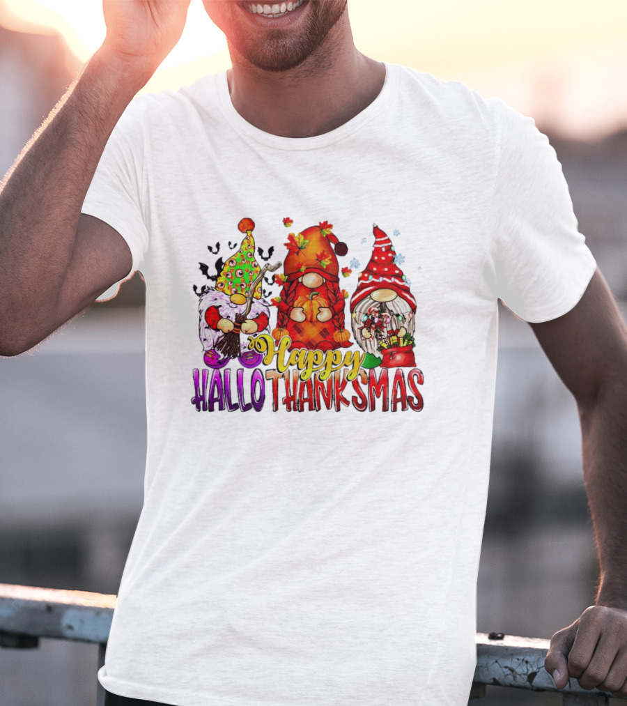 Happy Hallothanksmas Gnomes Halloween Thanksgiving Christmas T-Shirt