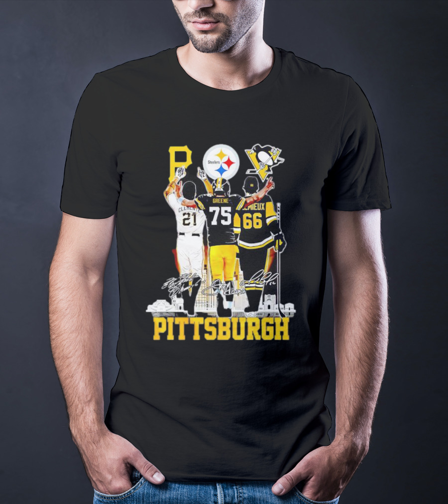 Pittsburgh Steelers Penguins Pirates Clemente Greene Lemieux Signatures T-Shirt