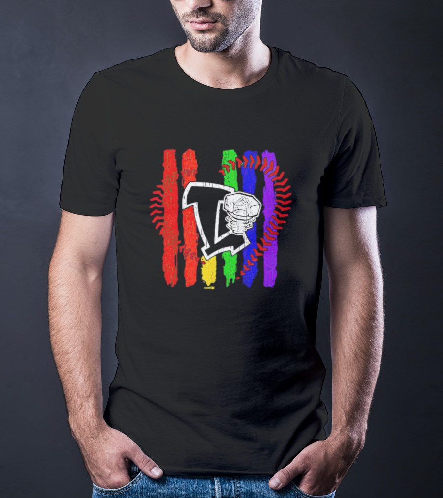 Lansing Lugnuts Pride Logo With Rainbow Stripes And Baseball Seam T-Shirt