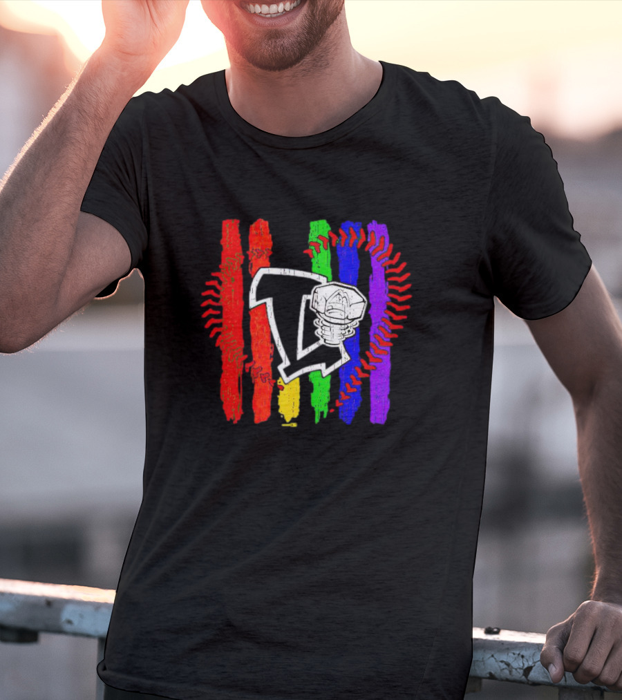 Lansing Lugnuts Pride Logo With Rainbow Stripes And Baseball Seam T-Shirt
