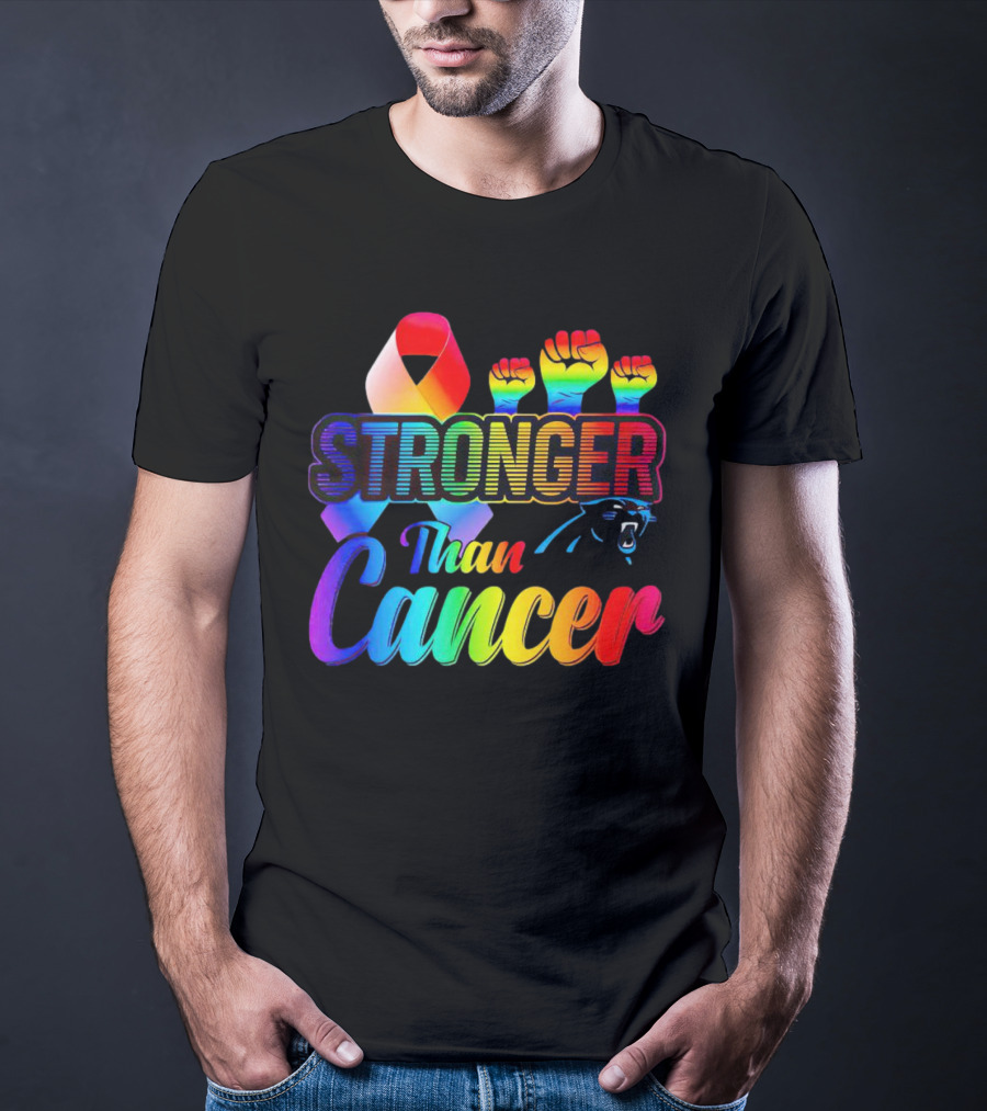 Carolina Panthers Stronger Than Cancer Rainbow Ribbon And Fists T-Shirt