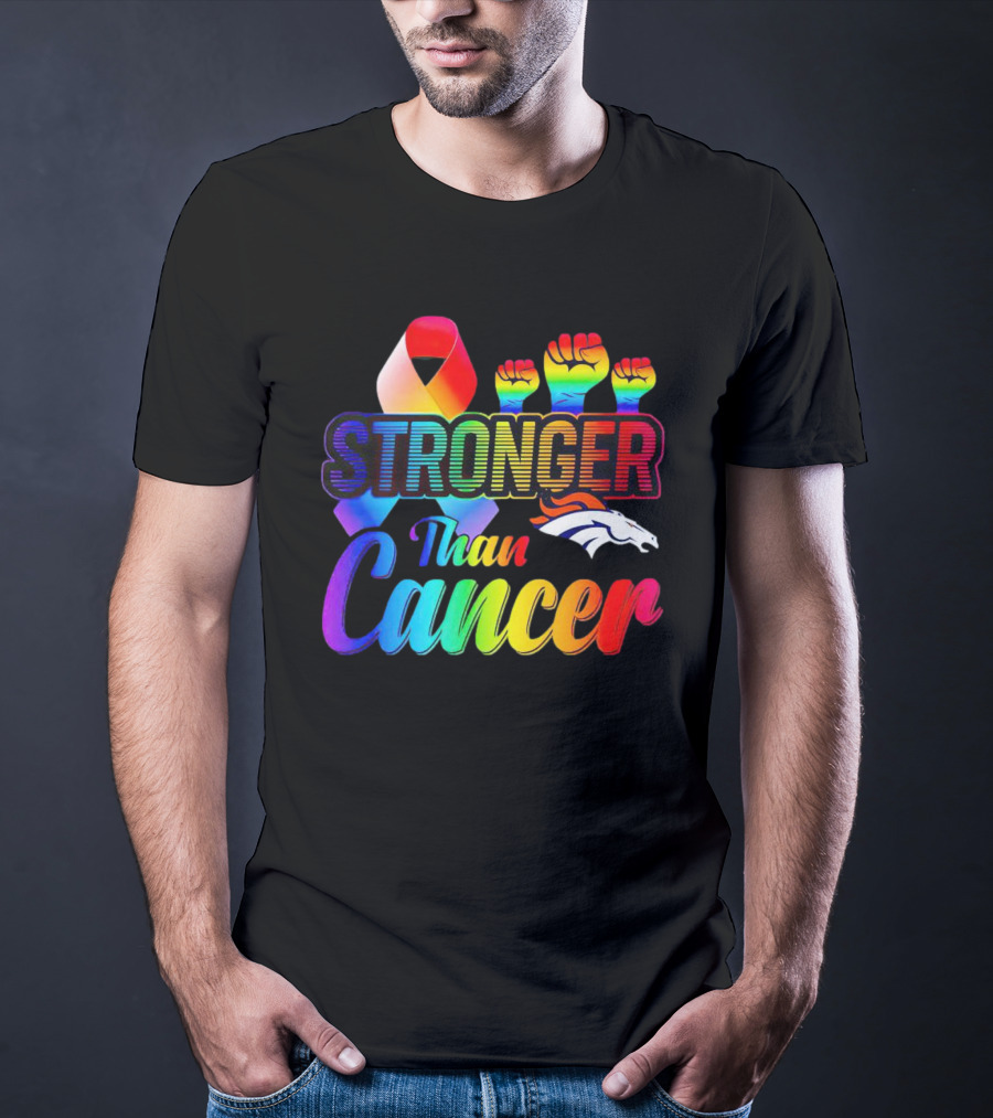 Denver Broncos Stronger Than Cancer Rainbow Ribbon Fists T-Shirt