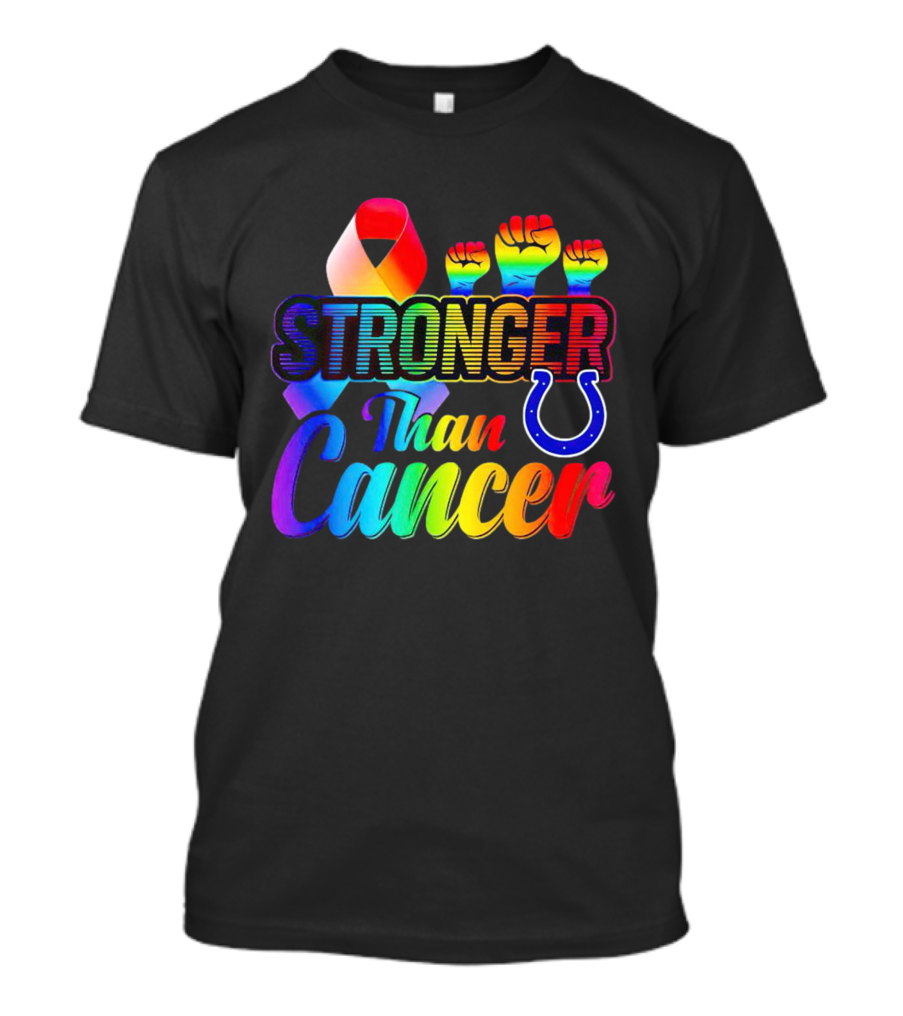 Stronger Than Cancer Indianapolis Colts Rainbow Ribbon And Fists Icons T-Shirt