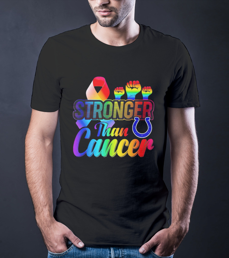 Stronger Than Cancer Indianapolis Colts Rainbow Ribbon And Fists Icons T-Shirt
