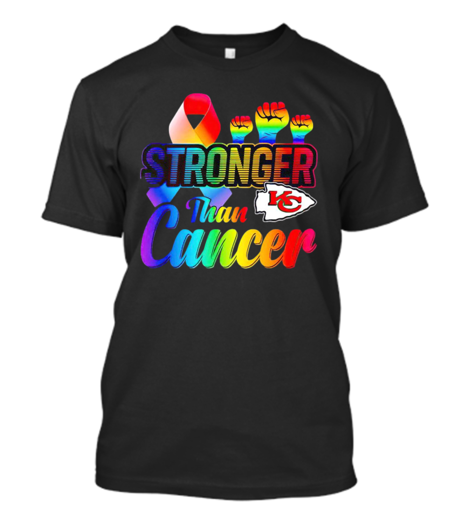 Kansas City Chiefs Stronger Than Cancer Rainbow Ribbon Fists T-Shirt