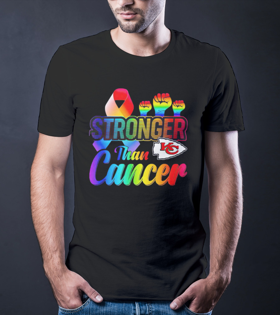 Kansas City Chiefs Stronger Than Cancer Rainbow Ribbon Fists T-Shirt