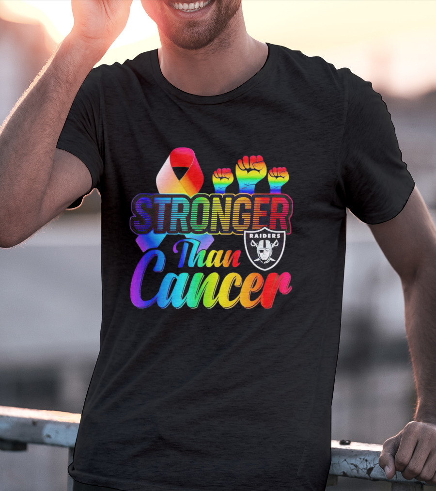 Stronger Than Cancer Las Vegas Raiders Rainbow Fists T-Shirt