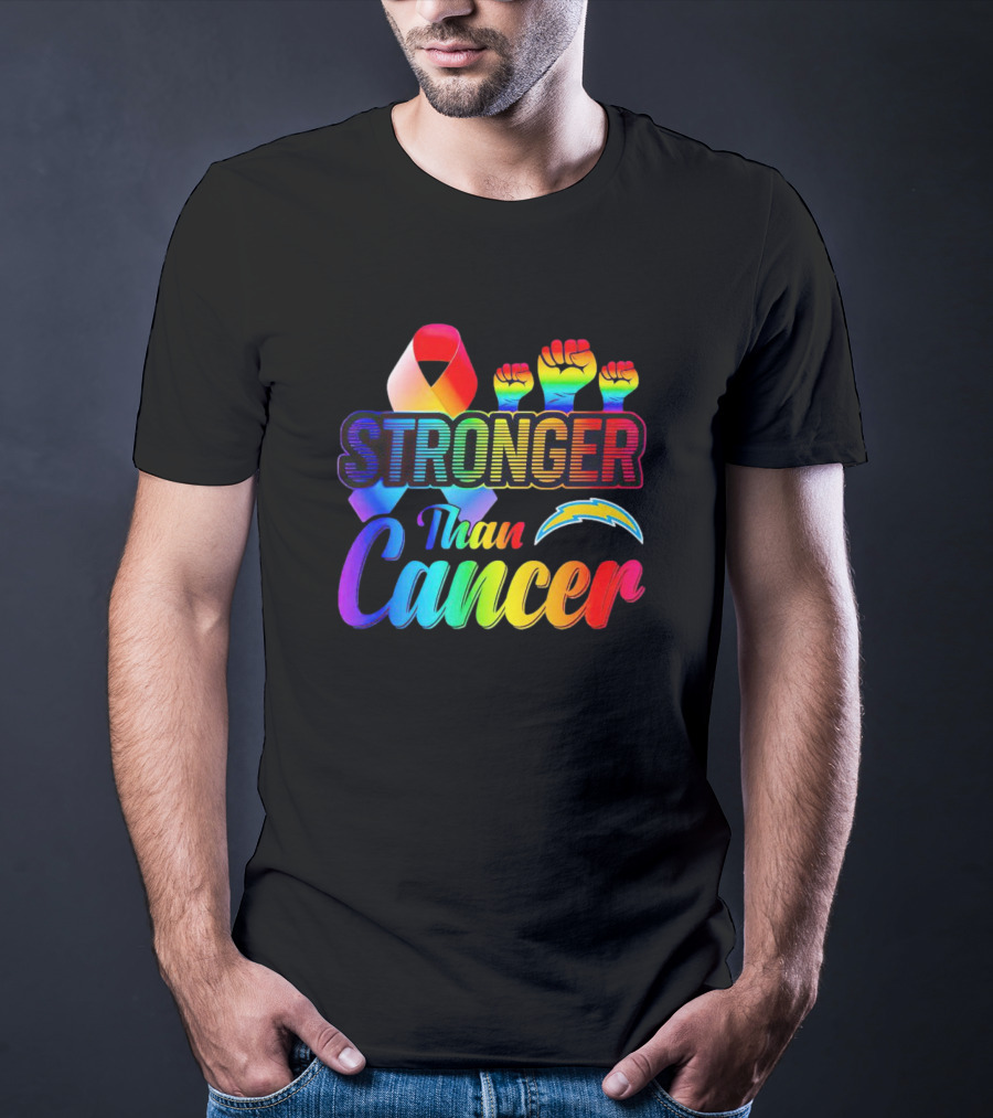 Los Angeles Chargers Stronger Than Cancer Rainbow Ribbon And Fists T-Shirt