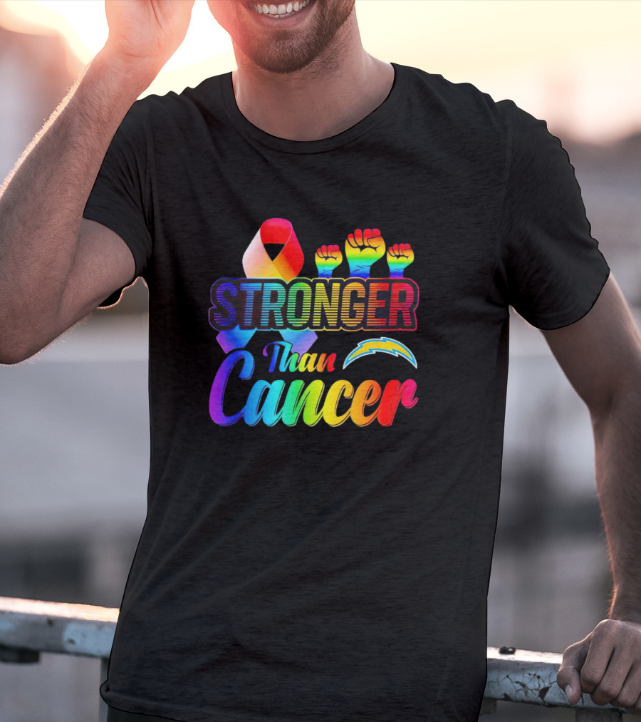 Los Angeles Chargers Stronger Than Cancer Rainbow Ribbon And Fists T-Shirt