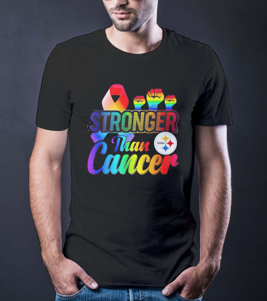 Pittsburgh Steelers Stronger Than Cancer Rainbow Ribbon And Fists T-Shirt