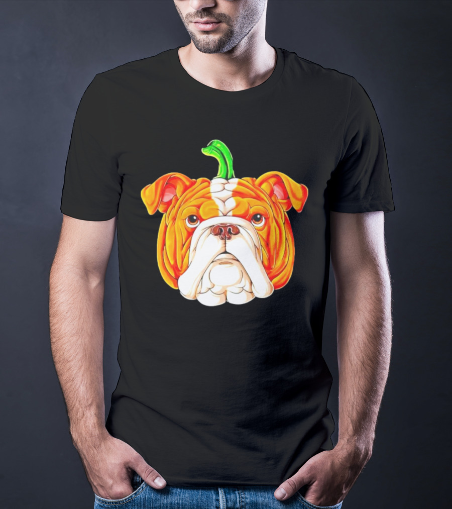 Bulldog Pumpkin Halloween Face With Green Stem T-Shirt