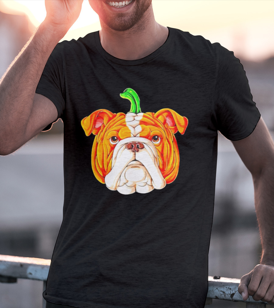 Bulldog Pumpkin Halloween Face With Green Stem T-Shirt
