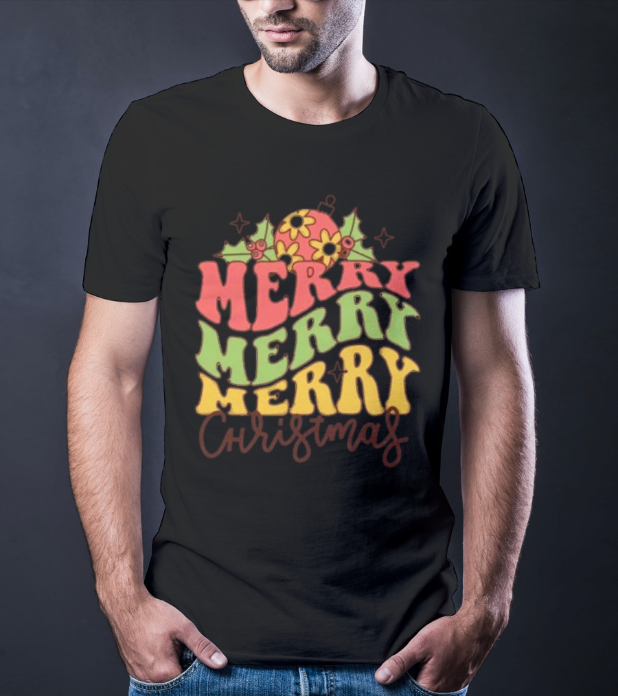 Merry Merry Merry Christmas Retro Flowers And Holly T-Shirt