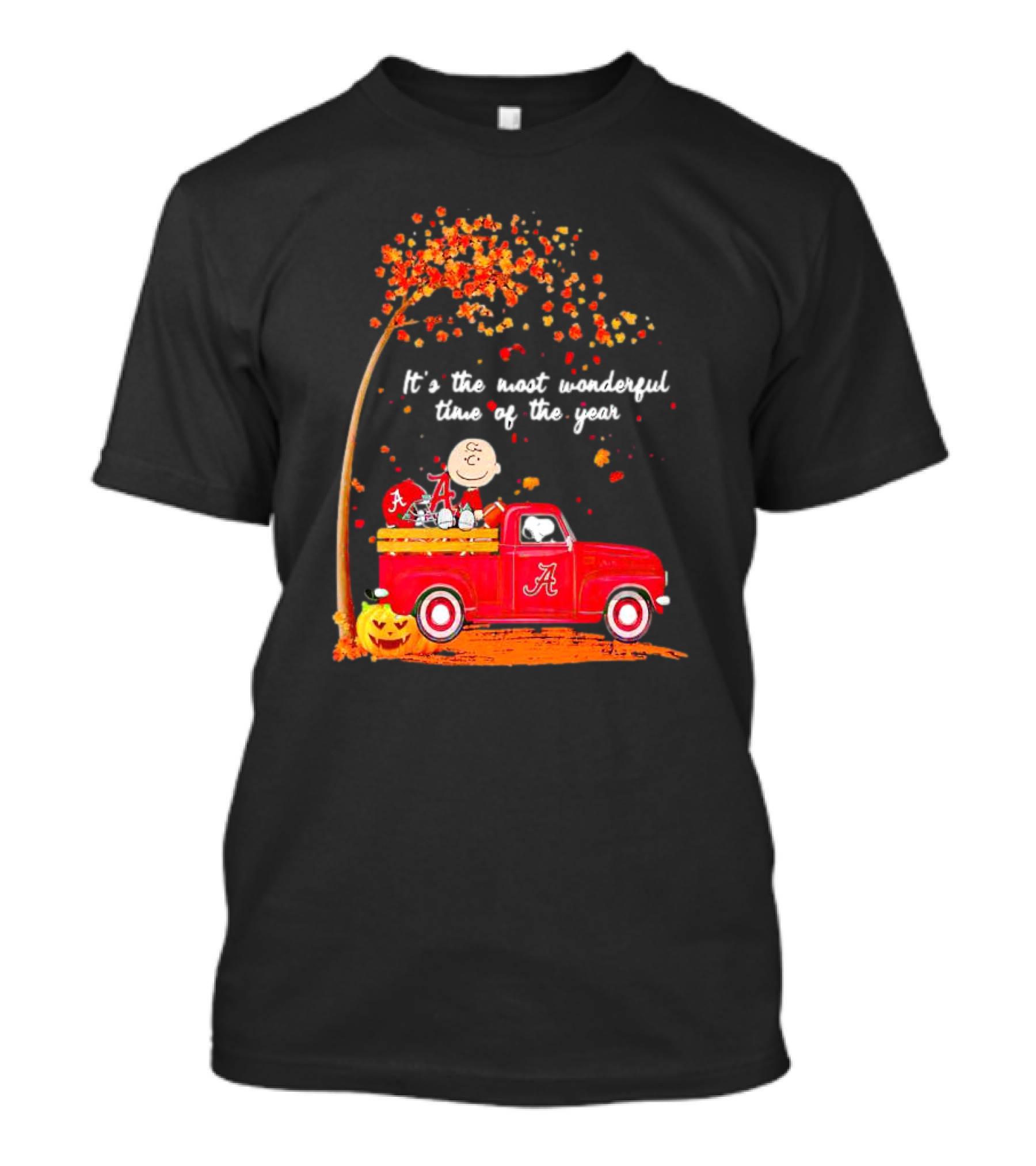 Peanuts Characters Alabama Crimson Tide Fall It's The Most Wonderful Time Of The Year Truck Football Pumpkins Leaves T-Shirt