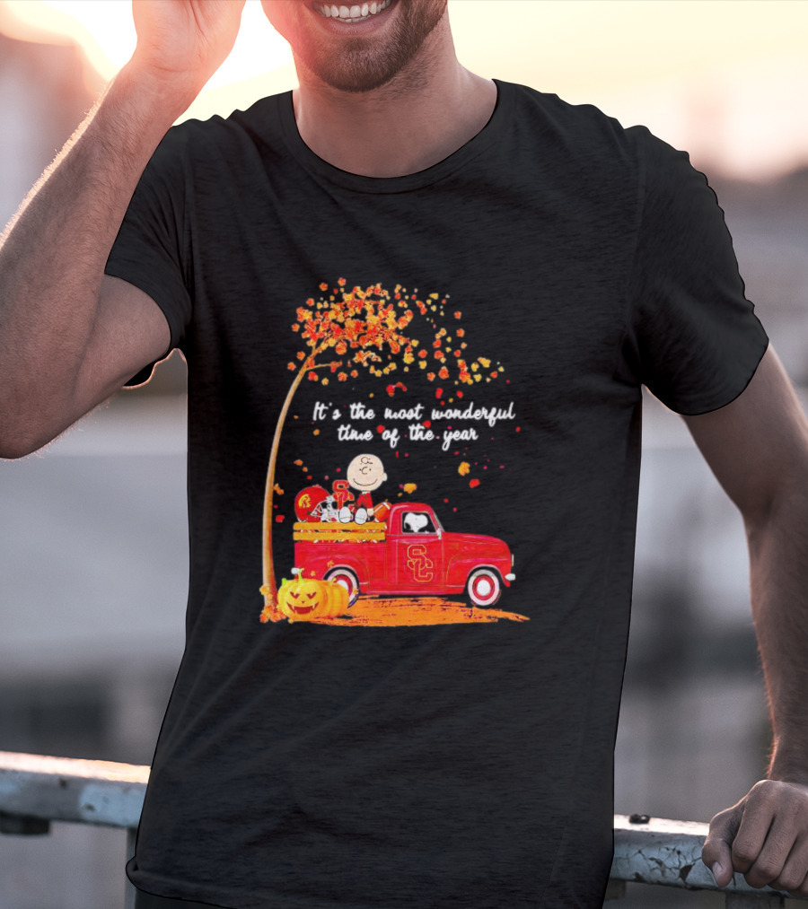 Peanuts Characters USC Trojans Fall It's The Most Wonderful Time Of The Year Football Truck Pumpkin Charlie Brown T-Shirt