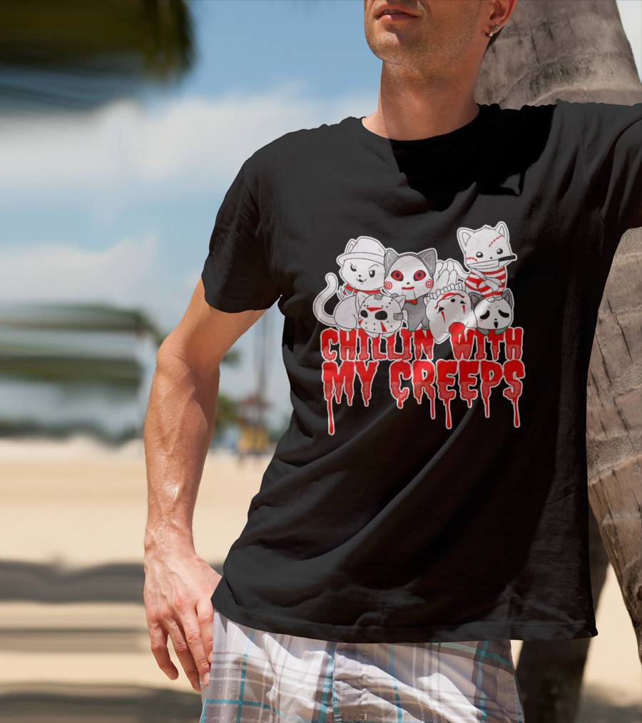 Chillin With My Creeps Cat Horror Icons T-Shirt