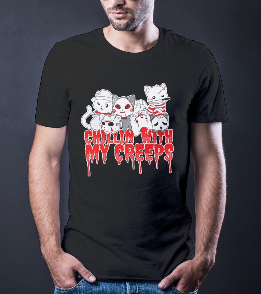 Chillin With My Creeps Cat Horror Icons T-Shirt