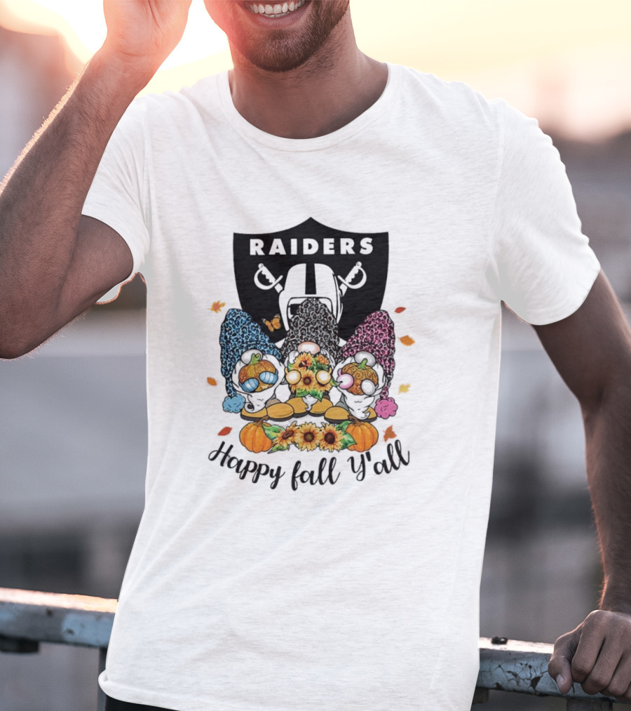 Raiders Gnomes With Sunflowers And Pumpkins Happy Fall Y'all T-Shirt