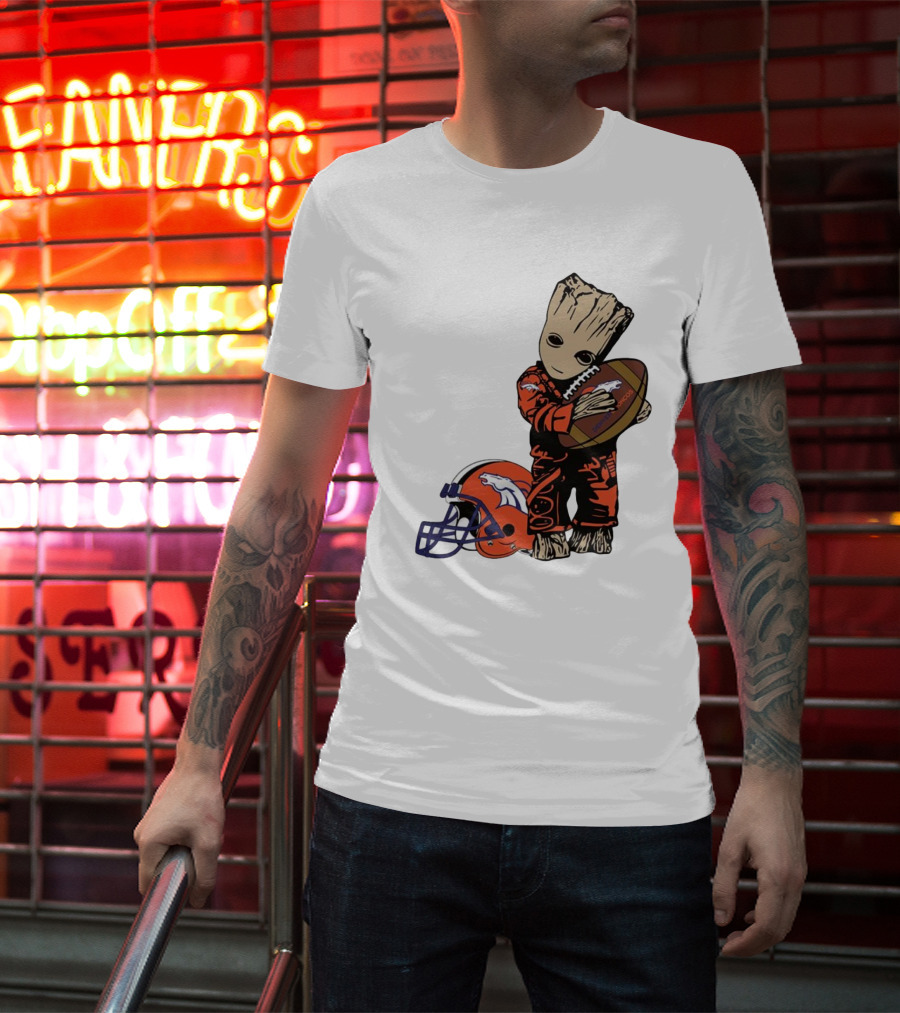 Groot Hugging Denver Broncos Football And Helmet T-Shirt