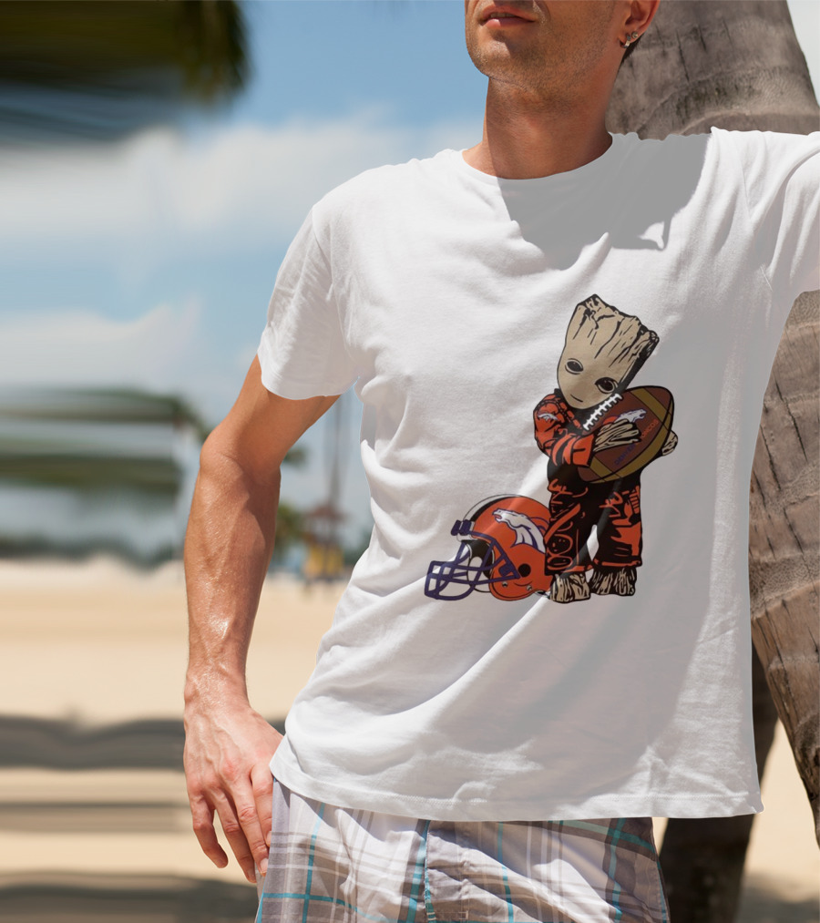 Groot Hugging Denver Broncos Football And Helmet T-Shirt
