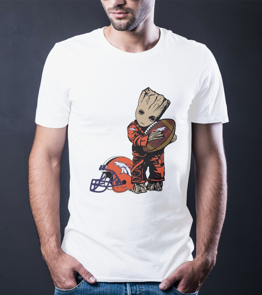 Groot Hugging Denver Broncos Football And Helmet T-Shirt