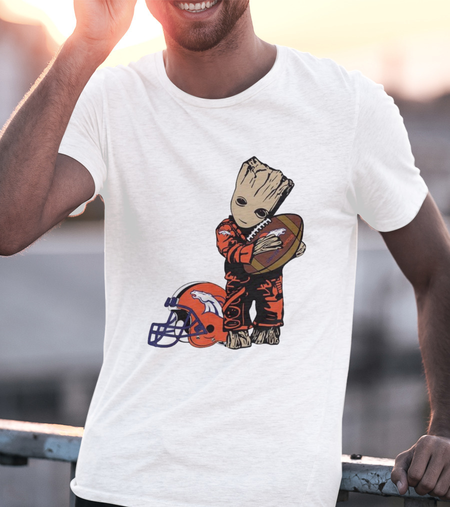 Groot Hugging Denver Broncos Football And Helmet T-Shirt