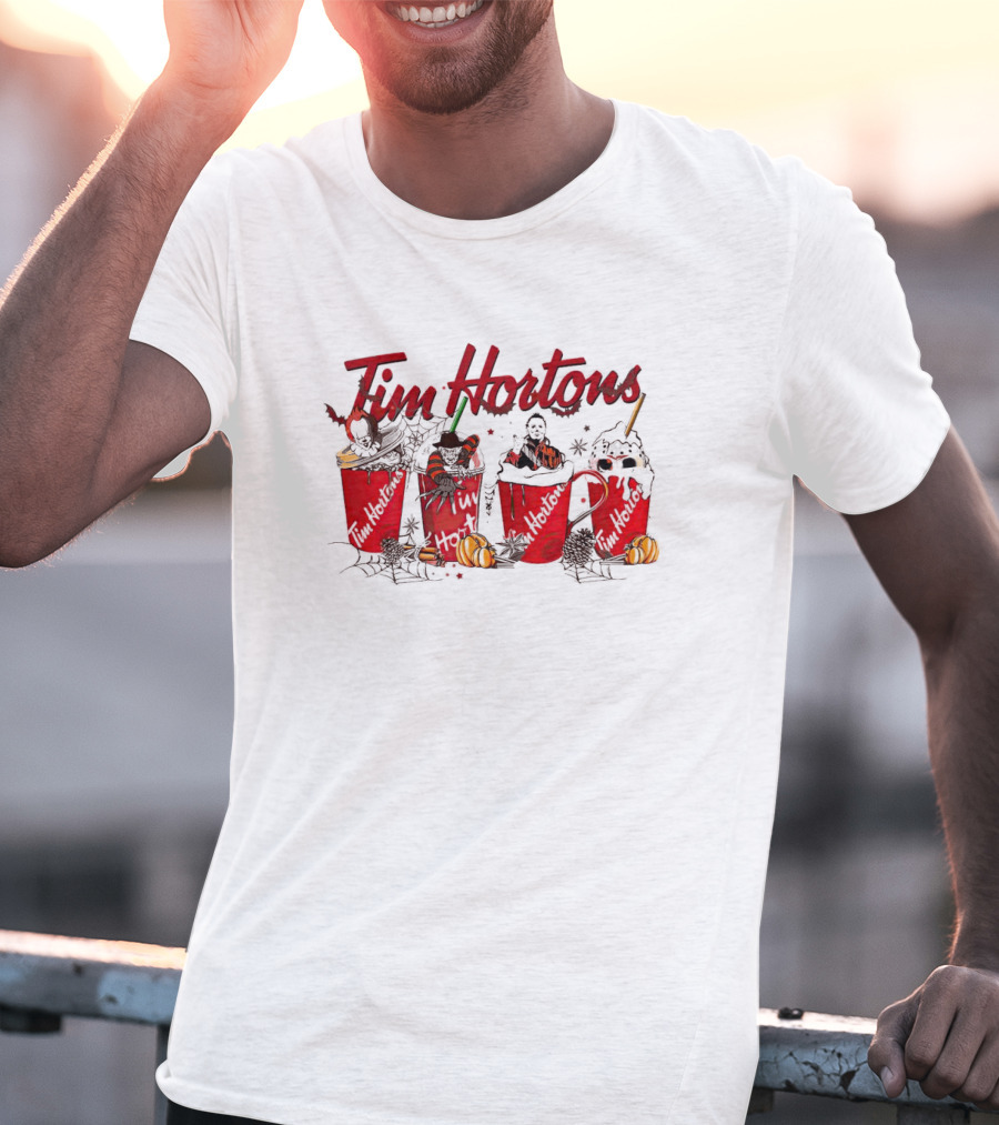 Horror Halloween Tim Hortons Cups With Spooky Figures And Pumpkins T-Shirt