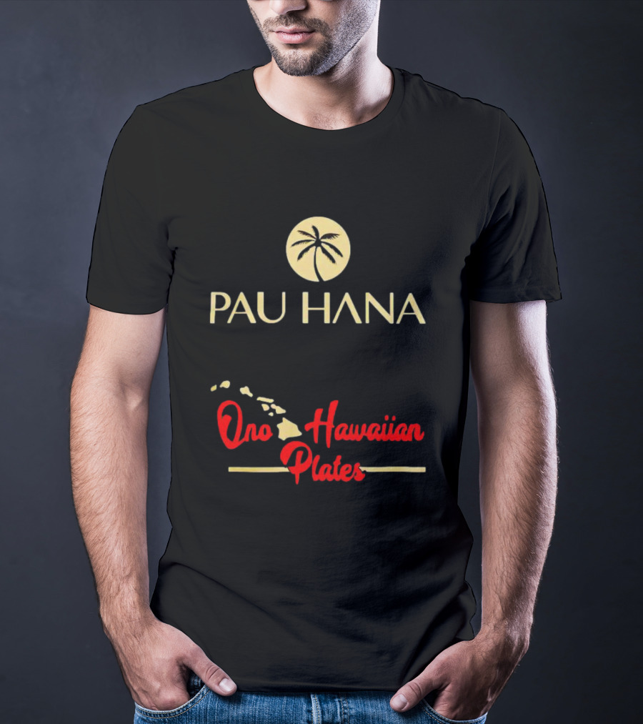 Pau Hana Palm Logo Ono Hawaiian Plates Map T-Shirt