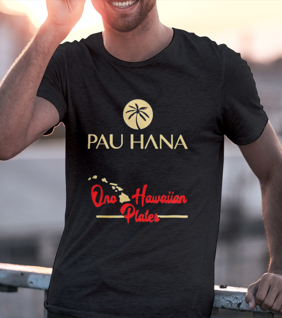 Pau Hana Palm Logo Ono Hawaiian Plates Map T-Shirt