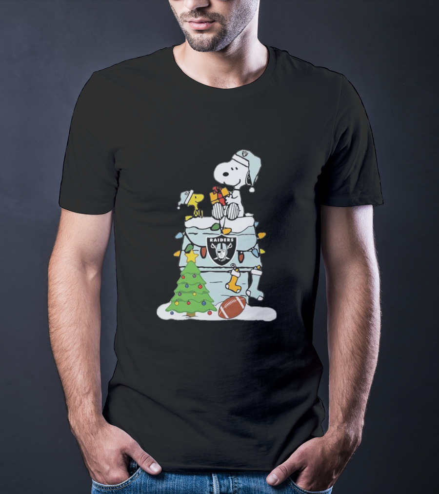 Raiders Snoopy Christmas With Doghouse Lights And Football T-Shirt