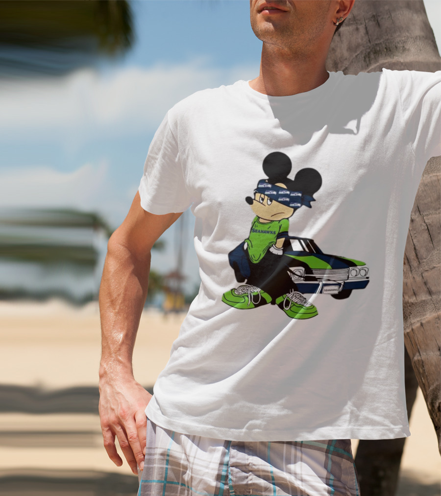 Seattle Seahawks Mickey Mouse Gangster Car Football Fan T-Shirt